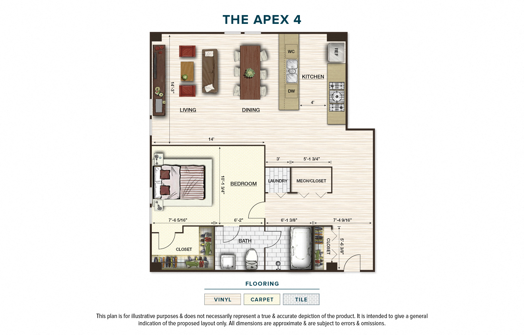 Floor plan for 1 bed, 1 bath, 802 sqft
